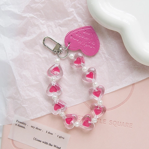 Portachiavi Con Perline A Cuore Acrilico Perla Artificial Stile Dolce Ciondolo Per Borsa Con Etichetta In Pelle PU Per Donne Ragazze