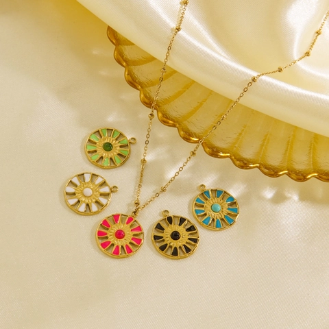 Collar Colgante Girasol Acero Inoxidable Chapado Oro 14K Esmalte Piedra Natural Joyería Dulce Para Mujeres
