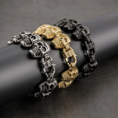 Bracciale Teschio In Acciaio Inossidabile Punk Gothic Catena A Maglie Grosse Per Uomo