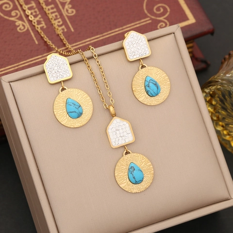 Collier Pendentif Goutte D'eau En Acier Inoxydable Strass Complet Turquoise Chaîne Clavicule Bohème Rétro Pour Femmes
