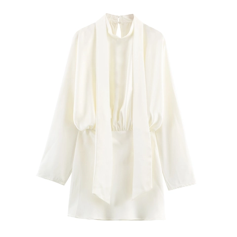 Abito Mini Elegante Da Donna In Raso A Maniche Lunghe Tinta Unita Vita Alta Scollo Con Sciarpa Festa Moda