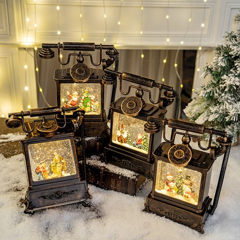 Weihnachtliche Schneekugel Laterne Vintage Telefon LED Licht Glitzer PVC Bronze Retro Tisch Dekoration