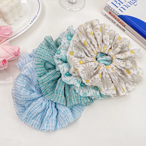Übergroße Plissierte Stoff Scrunchies Blumige Gestreifte Rüschen Elastische Haargummi Für Frauen Pferdeschwanz Elegant