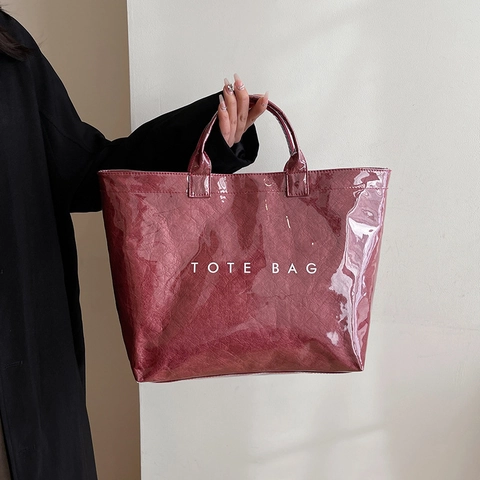 Tote Bag Large Capacity Minimalist Glossy PU Leather Handbag For Women Casual Commuting Waterproof Letter Print