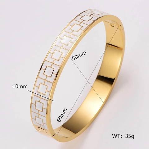 Elegant Women Stainless Steel Enamel Bangle Bracelet 18K Gold Plated Geometric Square Pattern Hinge Cuff Jewelry