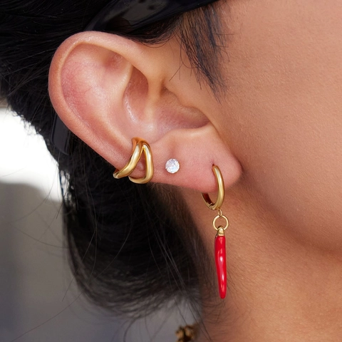 Hoop Earrings Stainless Steel Red Chili Pendant Rhinestone And Bead Studs Waterproof Hypoallergenic Women Fashion Jewelry