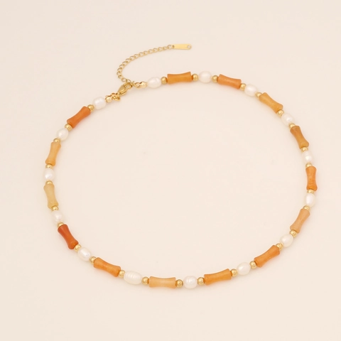Collana Di Perline Pietra Naturale Perla Artificial Acciaio Inossidabile Tubo Bambù Catena Clavicola Gioielli Donna