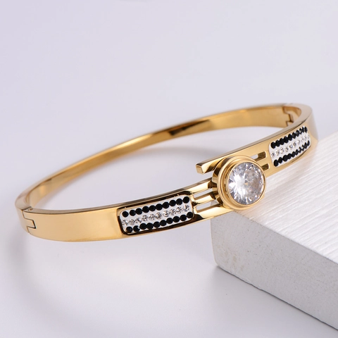 Bracciale Rigido In Acciaio Inossidabile 316L Per Donna Con Grande Zirconia E Strass Neri E Bianchi Gioielli Eleganti