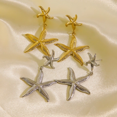 Pendientes De Gota Con Colgante De Doble Estrella De Mar Acero Inoxidable Chapado En Oro 14K Pulido Texturizado