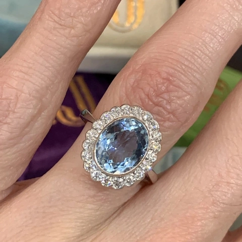 Elegant Oval Light Blue Zircon Copper Ring Floral Halo Design Vintage Style Jewelry For Women