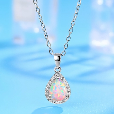 Water Drop Fire Opal Pendant Necklace Copper Gold Plated With Cubic Zirconia Halo Elegant Jewelry For Women