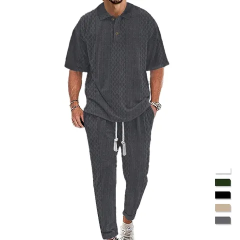 Men Casual Knitted Jacquard Waffle Polo Shirt And Drawstring Pants Lightweight Fashion Summer Daily Wear