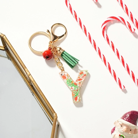 Portachiavi Lettera In Resina Di Natale Con Campanello E Nappa Ornamento Di Paillettes Pupazzo Di Neve Albero