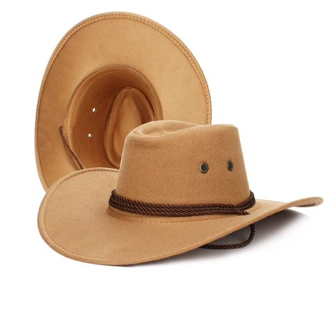 Vintage Western Cowboy Hat Wide Brim Cotton Polyester Felt With Woven Rope Ventilation Holes Outdoor Sun Protection Unisex