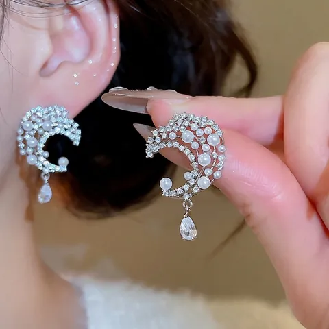 Mond Künstliche Perlen Tropfenohrringe Mit 925 Sterling Silber Stecker Zirkon Eingelegt Französisch Elegant Vintage Schmuck Für Damen
