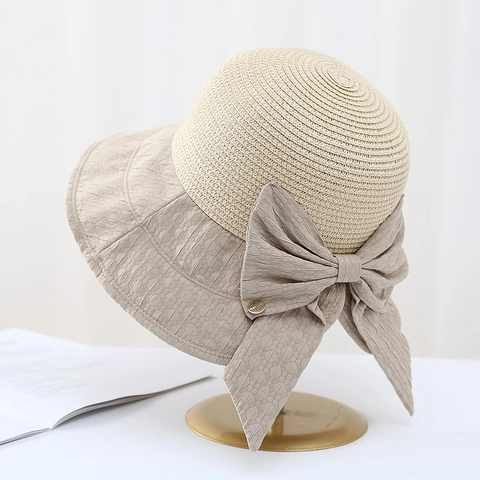 Cappello Pescatora Donna Paglia Tessuto Patchwork Tesa Larga Fiocco Protezione Solare Traspirante Estivo Elegante