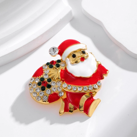 Vintage Zinc Alloy Enamel Santa Claus Brooch Pin Colorful Rhinestone Festive Christmas Party Women Clothing Accessories