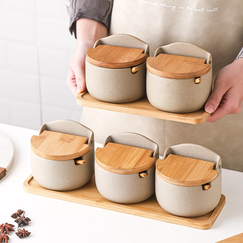 Ceramic Seasoning Jars With Bamboo Lids And Spoons Tray Japanese Style Kitchen Spice Containers Matte Pottery Storage