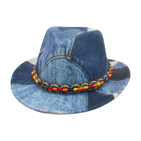 Kinderen Denim Patchwork Fedora Hoed Met Kleurrijke Houten Kralen Boheemse Etnische Stijl Zonbescherming Jazz Pet