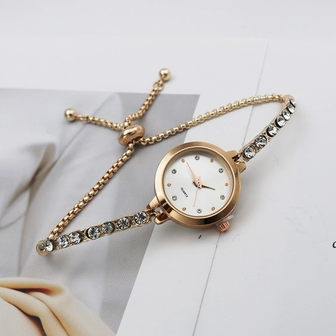 Women Bracelet Watch Quartz Alloy Case Stainless Steel Rhinestone Crystal Inlay Slider Buckle Elegant Luxury Jewelry Timepiece