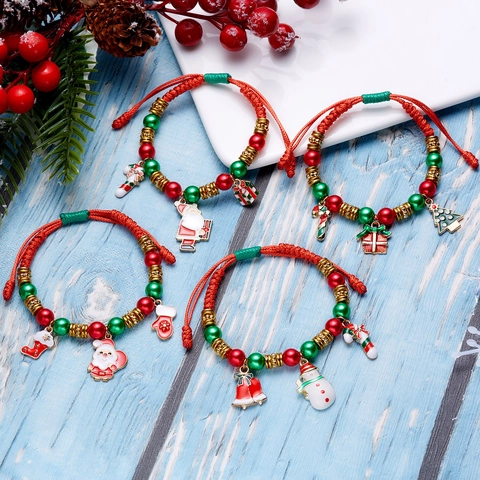 Bracciale Intrecciato Di Natale Regolabile Lega Smalto Babbo Natale Pupazzo Di Neve Charms Perline Rosse Verdi Gioielli