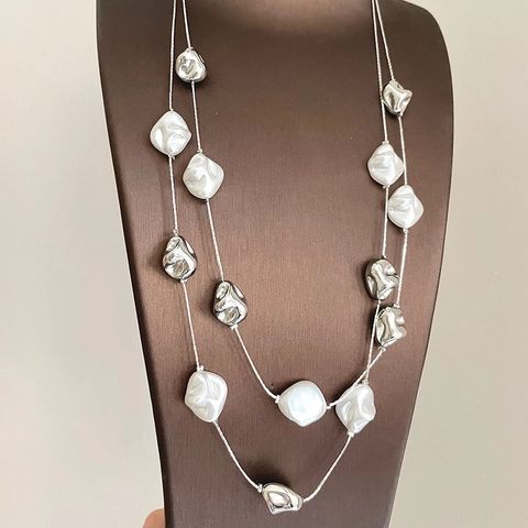 Collier Double Rang Künstliche Perles D'imitation Irrégulières Künstliche Perles Métalliques Argentées Longue Chaîne Pull Bijoux Femme