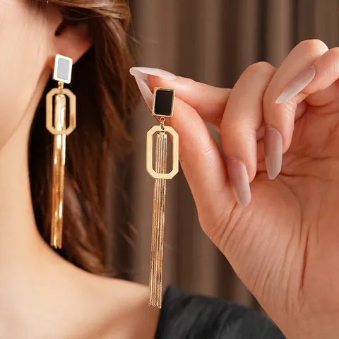 Geometric Square Long Tassel Dangle Earrings With Silver Earring Post Gold Plated Retro Luxury Jewelry For Women