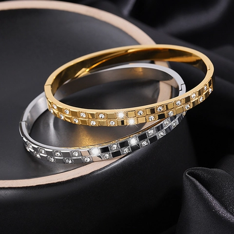 Titanium Steel Bangle Lattice Grid Zircon Inlaid Fashion Luxury Hinge Bracelet For Women Jewelry
