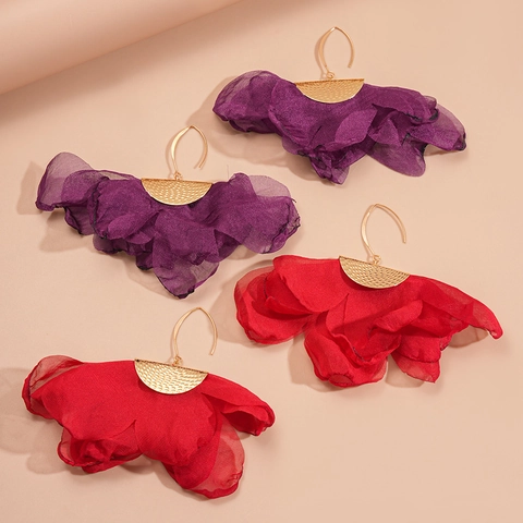 Exaggerated Oversized Chiffon Flower Petal Dangle Earrings Alloy Hammered Metal Hook Statement Jewelry For Women