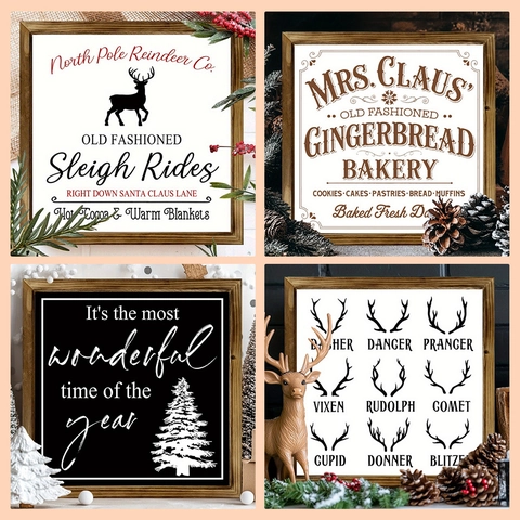 Christmas Wooden Sign Retro Holiday Party Wall Decor Hanging Plaque Wood Photo Frame Reindeer Gingerbread Bakery Slogan