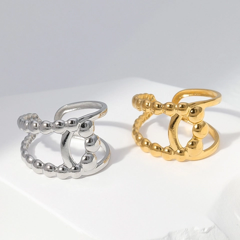 Anillo Ajustable Acero Inoxidable Chapado En Oro Doble Capa Borde Perlado Hueco Geométrico Joyería Minimalista Para Mujer