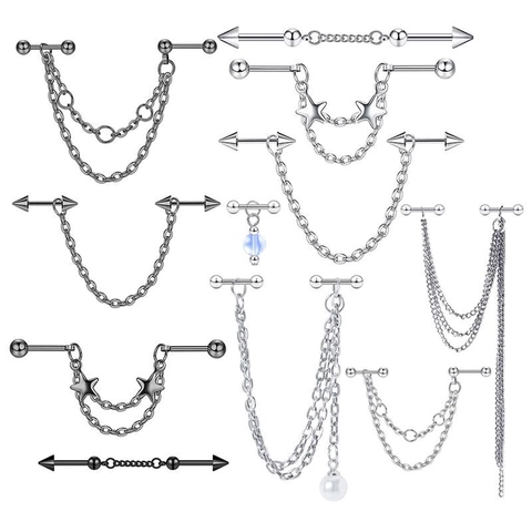 Orecchino Barbell Industriale in Acciaio Inossidabile Con Catena Lunga Stella Pentagramma Perla Artificiale Gioielli Donna Uomo