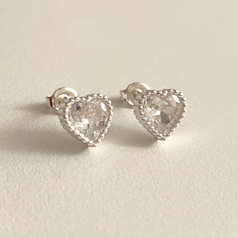 Orecchini A Cuore Con Zircone E Perno In Argento Sterling 925 Bordo Zigrinato Stile Coreano Minimalista Donna