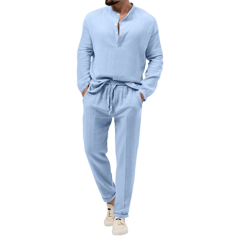 Heren Casual Tweedelig Set Henley Shirt Lange Mouwen En Broek Met Trekkoord Effen Kleur Polyester Ademend Homewear Pak