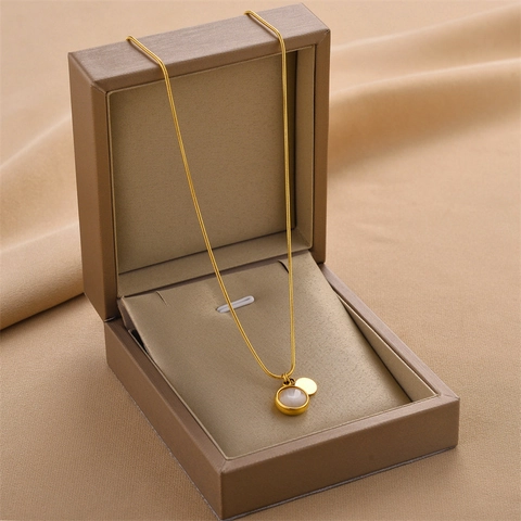 Collana In Acciaio Inossidabile Placcato Oro Minimalista Con Pietra Occhio Di Gatto Tonda E Pendente A Disco Catena Serpente Da Donna