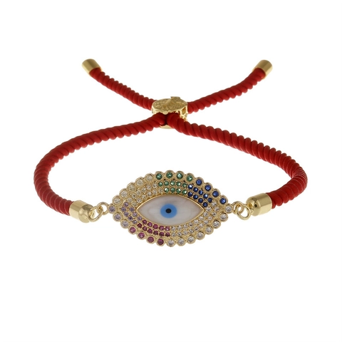 Evil Eye Bracelet Copper Gold Plated Colorful Cubic Zirconia Adjustable Braided Rope Turkish Eye Boho Jewelry For Women
