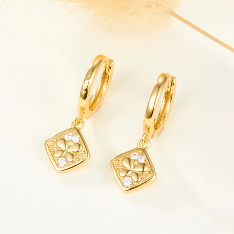 925 Sterling Silver Hoop Earrings Rhombus Zirconia Pendant Clover Flower Pattern Elegant Gold Color Jewelry For Women