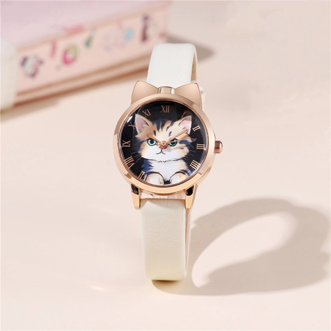 Damen Mädchen Quarz Armbanduhr Katzenohr Gehäusedesign Cartoon Katze Muster Zifferblatt Römische Ziffern PU Lederarmband Mode