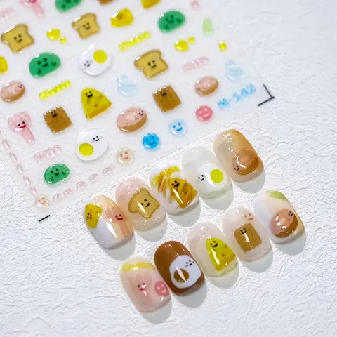 3D Relief Nail Art Stickers PET Self Adhesive Cute Cartoon Food Cheese Toast Pizza Pattern DIY