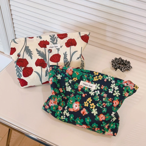 Vintage Kosmetiktasche Aus Baumwoll-Canvas Mit Blumenmuster Und Reißverschluss Tragbarer Reiseorganizer Für Damen