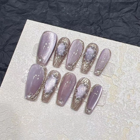 Handmade Press On Nails Cat Eye Luxury Rhinestone Glitter Metallic Edge Coffin Shape Fake Nails Long Trapezoid