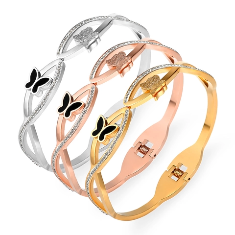 Butterfly Bangle Bracelet Stainless Steel Rhinestone Enamel Matte Jewelry For Women