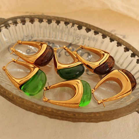 Hoop Earrings Stainless Steel With Resin Waterdrop Pendant Retro French Style U Shaped Jewelry For Women