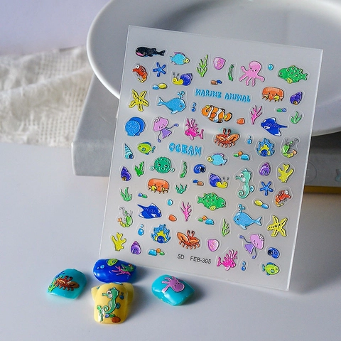 5D Embossed Nail Stickers Ocean Marine Animal Theme Self Adhesive Waterproof 3D Relief Manicure Decorations For Women