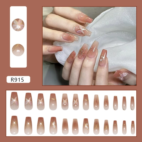 Künstliche Nägel Lange Sargform Ombre Rouge Braun Goldfolie Schmetterlingsmuster Abnehmbare Fingernägel Für Frauen