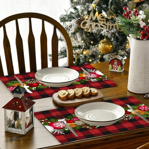 Christmas Placemats Red And Black Buffalo Plaid Polyester Heat Resistant Table Mats With Holiday Balls Pine Decorations