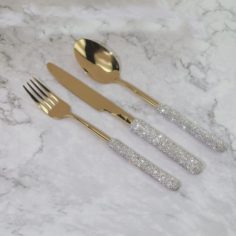 Colección Cubiertos Lujo Acero Inoxidable 304 Mango Estrás Pulido Espejo Cuchillo Tenedor Cuchara