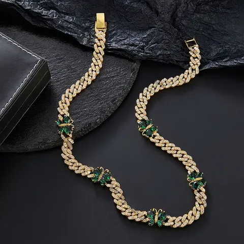 Butterfly Cuban Link Necklace Bracelet Alloy Rhinestone Iced Out Bling Hip Hop Jewelry Emerald Green Zircon Pendant