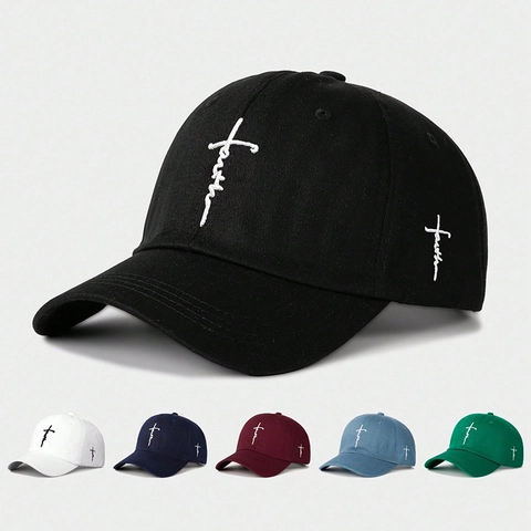 Baseball Cap Polyester Faith Cross Letter Embroidery Adjustable Outdoor Sun Protection Curved Brim Casual Dad Hat For Women Men