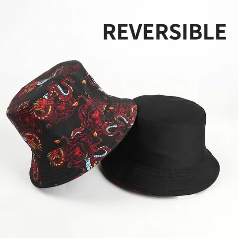 Omkeerbare Vissershoed Polyester Katoen Chinese Draak Koi Vis Cartoon Koe Print Zonbescherming Outdoor Street Style Unisex
